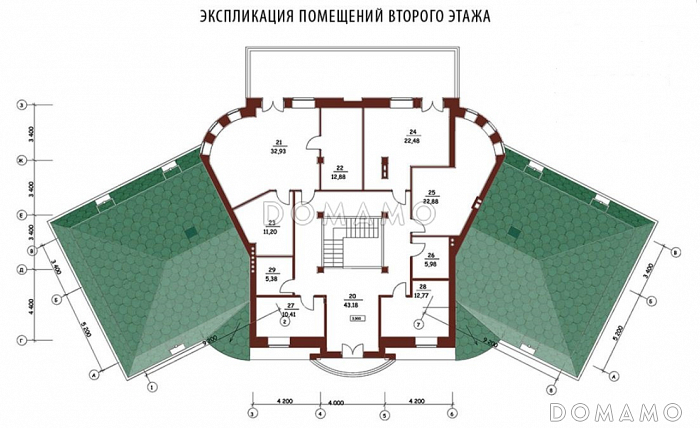 Проект двухэтажного дома из кирпича с правым и левым крылом / План 2 этажа Проект двухэтажного дома из кирпича с правым и левым крылом / План 2 этажа