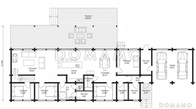 Проект большого двухэтажного дома из клееного бруса с гаражом / План 1 этажа