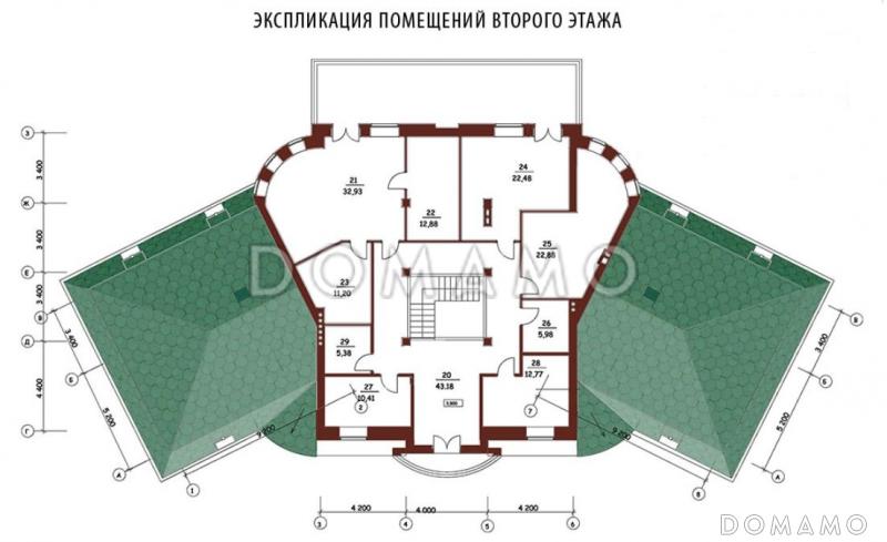 Проект двухэтажного дома из кирпича с правым и левым крылом / План 2 этажа
