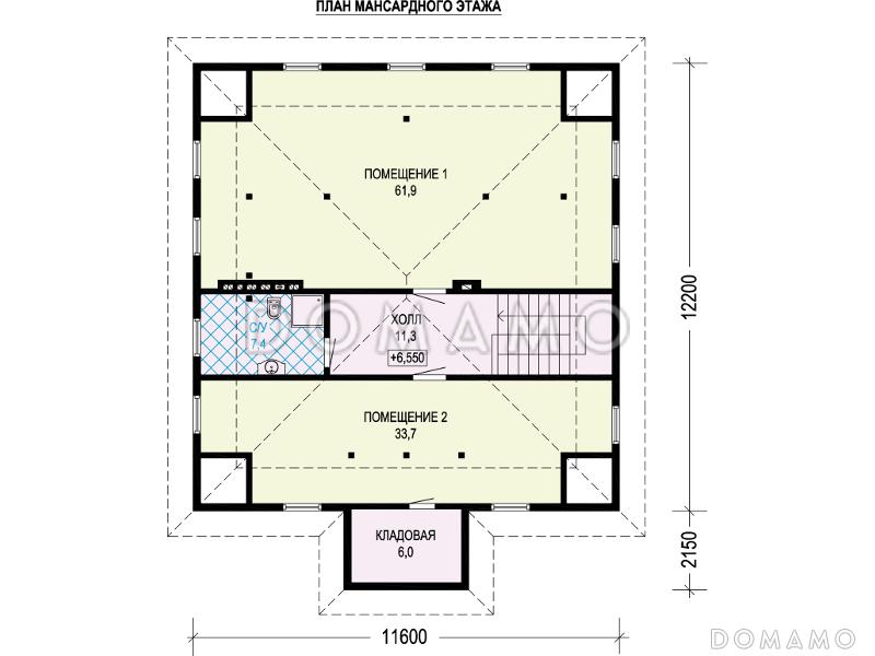Проект дома с гаражом на две машины, сауной, спальнями на втором этаже с выходом на террасу / План мансардного этажа