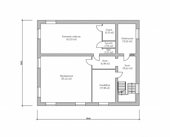 Проект большого современного дома с цокольным этажом и навесом для двух автомобилей / План цокольного этажа
