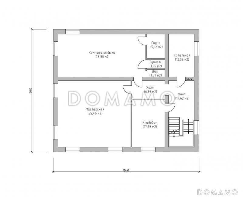 Проект большого современного дома с цокольным этажом и навесом для двух автомобилей / План цокольного этажа