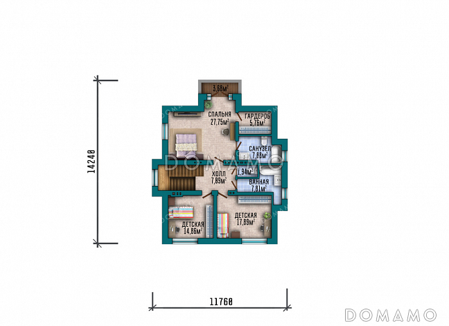 Проект большого двухэтажного дома в стиле Райт с подвалом, большой крытой террасой и балконом на втором этаже / План 2 этажа Проект большого двухэтажного дома в стиле Райт с подвалом, большой крытой террасой и балконом на втором этаже / План 2 этажа