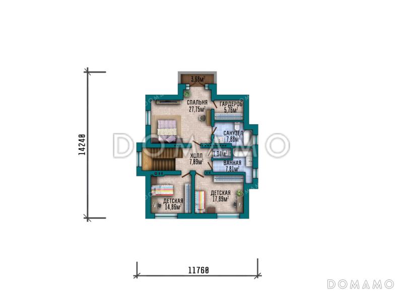 Проект большого двухэтажного дома в стиле Райт с подвалом, большой крытой террасой и балконом на втором этаже / План 2 этажа
