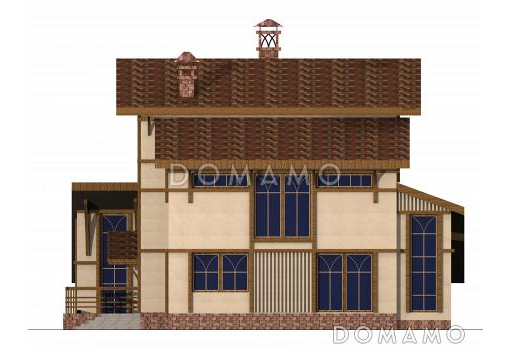 Проект двухэтажного коттеджа с мансардой, цоколем, бассейном и зимним садом / Фасад 4