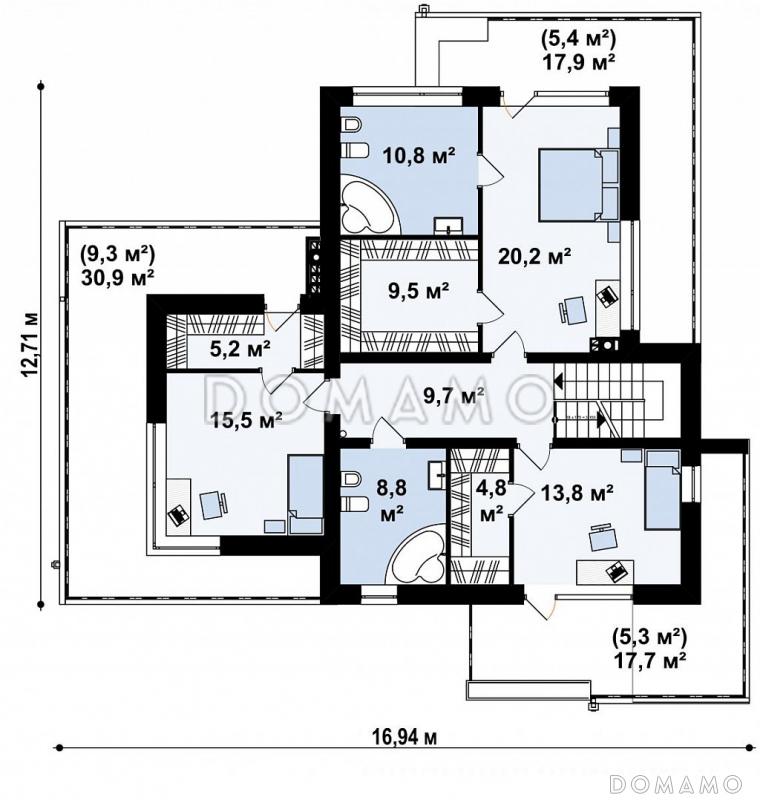 Проект просторного современного двухэтажного дома из газобетона с плоской крышей,  с четырьмя спальнями, гаражом и террасами на обоих этажах / План 2 этажа