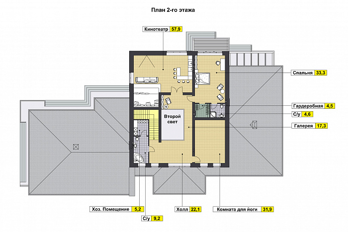 Проект особняка с 4 спальнями, спа-зоной, кинотеатром, верандой, навесом для авто / План 2 этажа