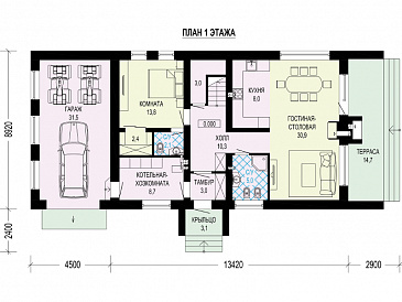 Проект дома с гаражом, хозяйской комнатой, террасами / План 1 этажа