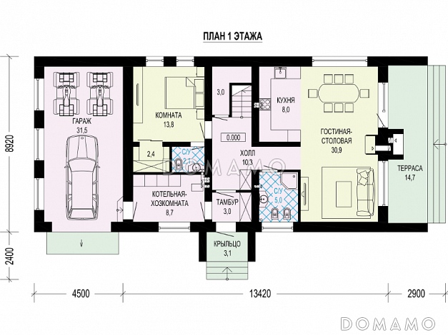 Проект дома с гаражом, хозяйской комнатой, террасами / План 1 этажа