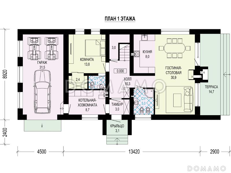 Проект дома с гаражом, хозяйской комнатой, террасами / План 1 этажа