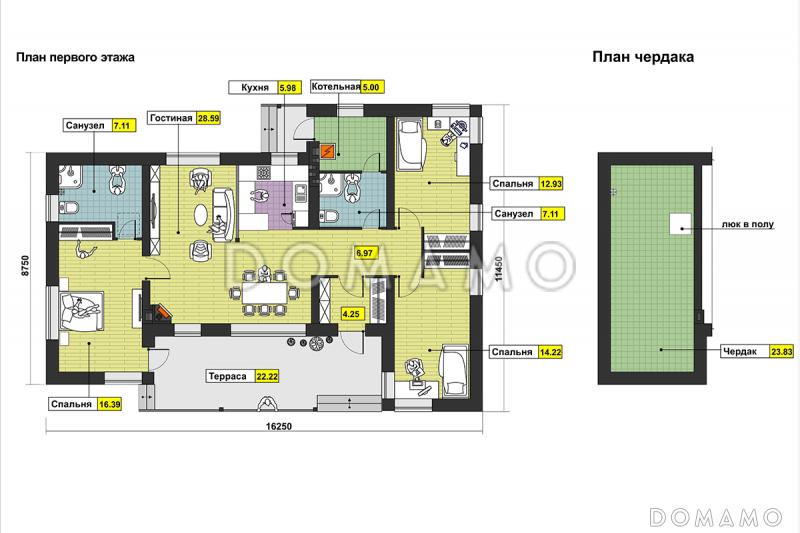 Проект одноэтажного дома из SIP панелей с большой крытой террасой, тремя спальнями, кузней с окном, чердаком / План 1 этажа