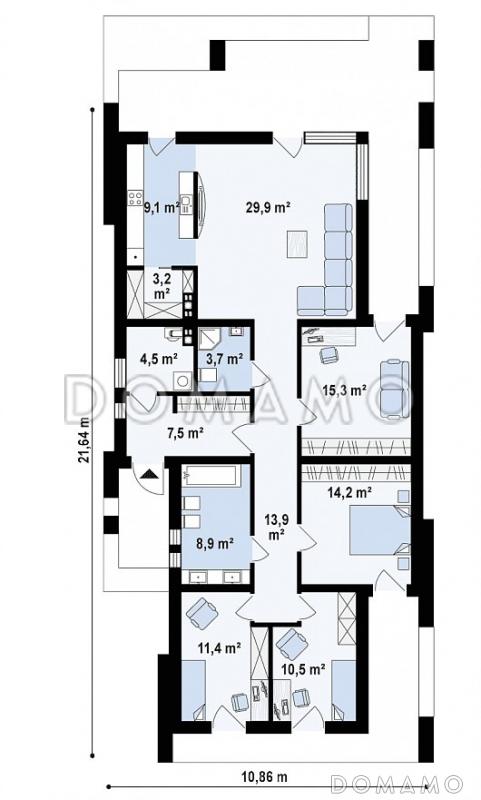 Проект одноэтажного дома из газобетона с плоской крышей, с четырьмя спальнями и крытыми террасами  / План 1 этажа