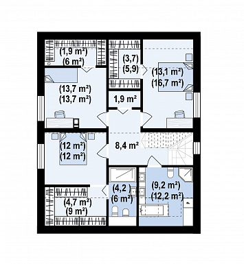 Проект загородного дома с панорамным остеклением гостиной, гаражом, кладовой и мастер-спальней на мансарде / План мансардного этажа Проект загородного дома с панорамным остеклением гостиной, гаражом, кладовой и мастер-спальней на мансарде / План мансардного этажа