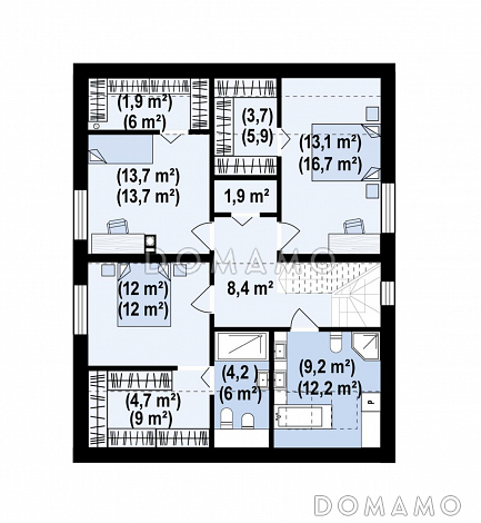 Проект загородного дома с панорамным остеклением гостиной, гаражом, кладовой и мастер-спальней на мансарде / План мансардного этажа Проект загородного дома с панорамным остеклением гостиной, гаражом, кладовой и мастер-спальней на мансарде / План мансардного этажа
