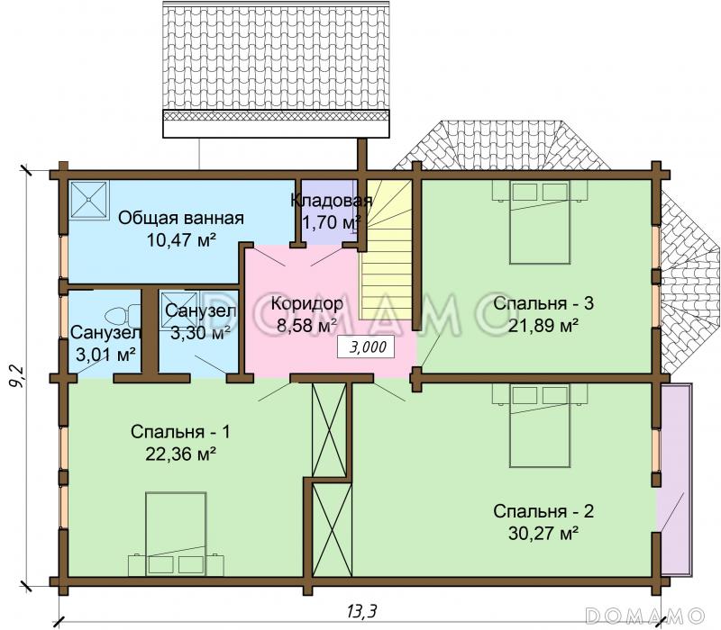 Проект одноэтажного дома из бруса с мансардным и цокольным этажами / План мансардного этажа
