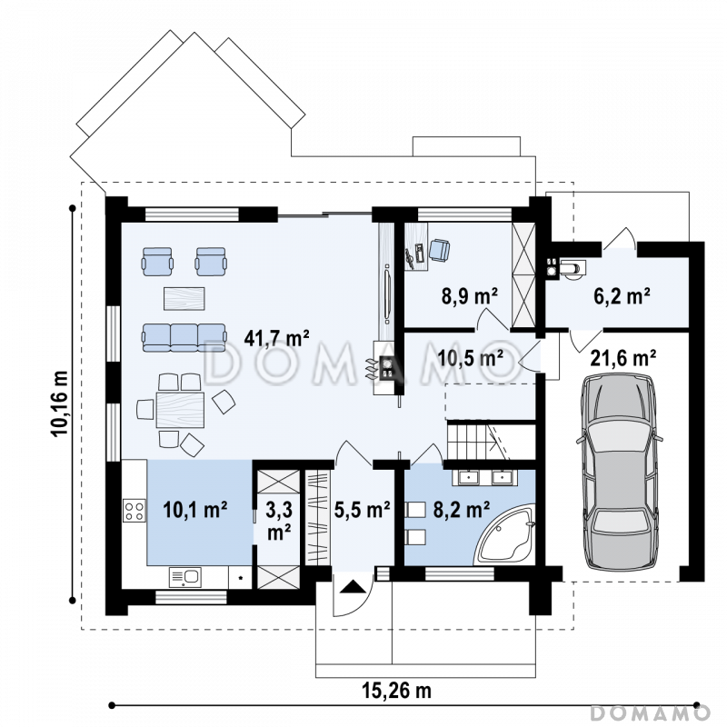 Проект одноэтажного коттеджа из кирпича с мансардным этажом, большой светлой гостиной и пристроенным гаражом / План 1 этажа