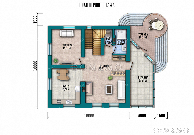 Проект кирпичного двухэтажного дома с 4 спальнями, верандой, круглой беседкой на террасе и обустроенным цокольным этажом / План 1 этажа