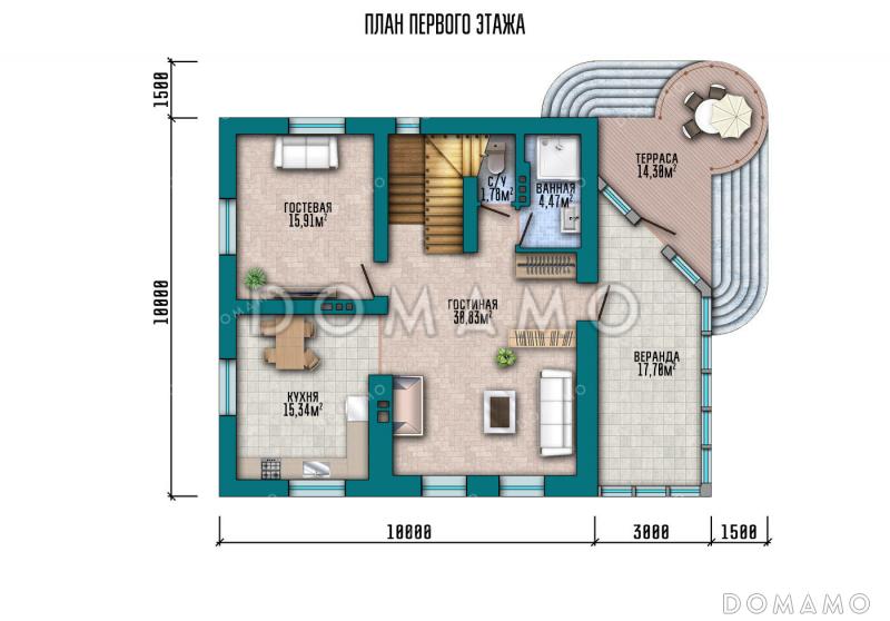 Проект кирпичного двухэтажного дома с 4 спальнями, верандой, круглой беседкой на террасе и обустроенным цокольным этажом / План 1 этажа