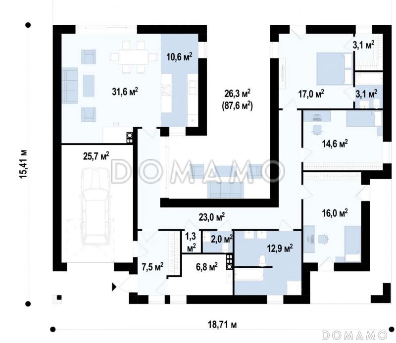 Проект современного одноэтажного дома из газобетона с тремя спальнями, гаражом и внутренним двориком переходящим в открытую террасу / План 1 этажа