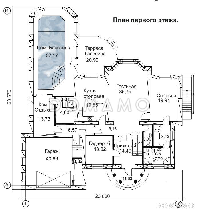 Проект дома с гаражом на два автомобиля, бассейном и небольшой террасой / План 1 этажа