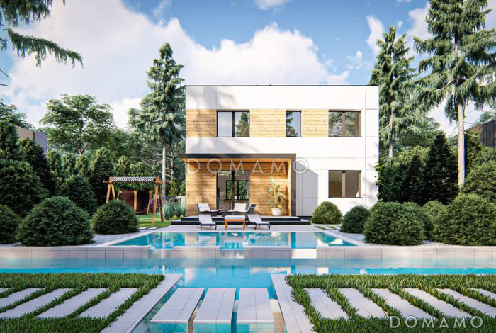 Проект загородного двухэтажного дома с террасой, комнатой на первом этаже, санузлом под лестницей