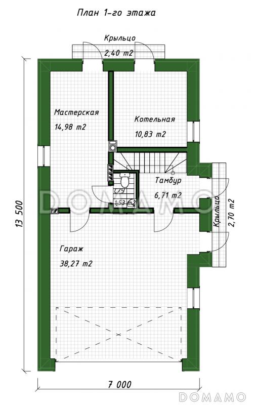 Проект двухэтажного кирпичного дома со вторым светом, навесом для автомобиля и открытой террасой на втором этаже / План 1 этажа