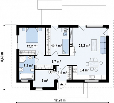 Проект компактного одноэтажного дома из газобетона с современными элементами экстерьера / План 1 этажа Проект компактного одноэтажного дома из газобетона с современными элементами экстерьера / План 1 этажа