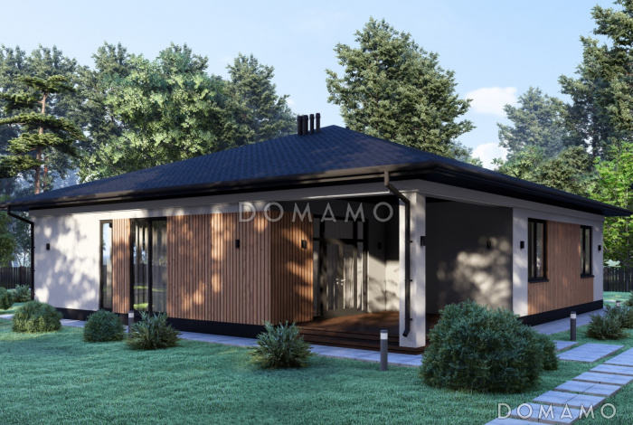 Проект большого одноэтажного дома с гаражом на одну машину в стиле Райт S-194