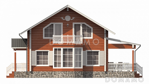 Проект двухэтажного коттеджа с эркером первого этажа, который переходит в балкон / Фасад 1