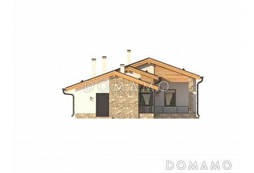Проект одноэтажного дома по технологии ЛСТК с крытой террасой с барбекю, кладовой, хозблоком, гостиной с камином, парной и комнатой отдыха / Фасад 4