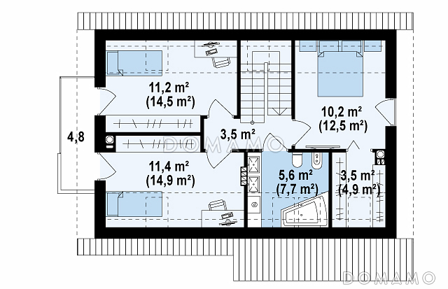 Проект одноэтажного мансардного дома из газобетона c отделкой фасадов облицовочным кирпичом, с кабинетом и тремя спальнями  / План мансардного этажа