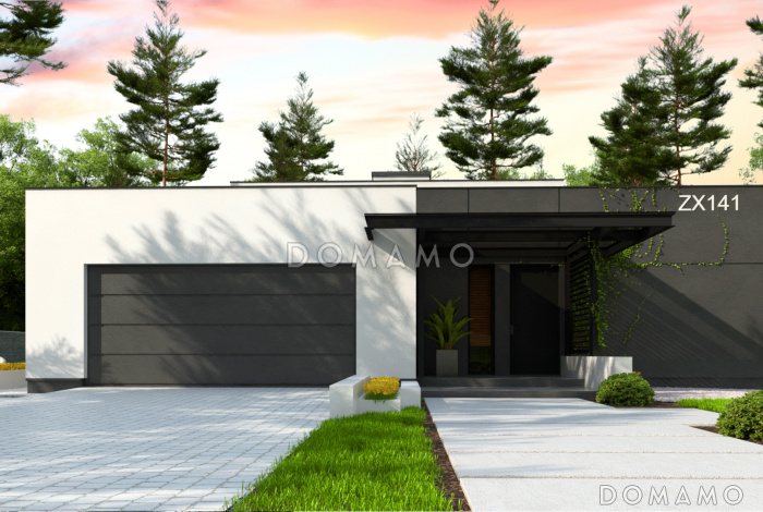 Проект загородного дома с плоской крышей, гаражом на две машины, спальнями с санузлами