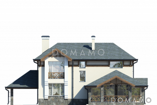 Проект загородного дома с навесом на одну машину, крытой террасой, большой гостиной, вытянутой кухней, французским балконом / Фасад 3