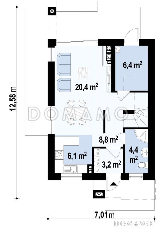Проект небольшого двухэтажного дома из газобетона с тремя спальнями и балконом / План 1 этажа