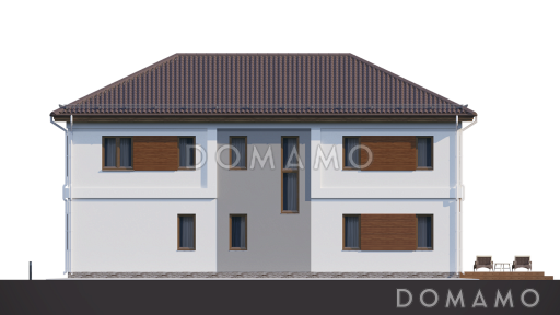 Проект загородного дома с террасой, кладовой в кухне, балконом, детскими комнатами и кабинетом / Фасад 3