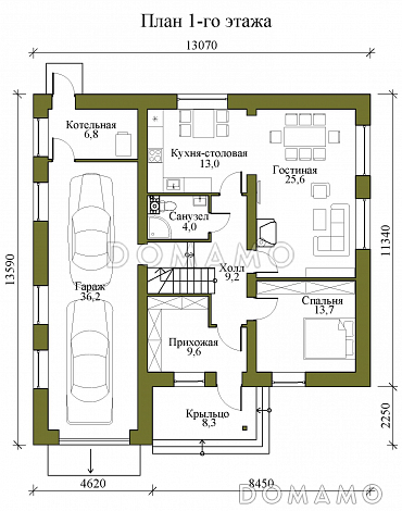 Проект двухэтажного каркасного дома с гаражом на два машиноместа, тремя спальнями и кабинетом на втором этаже / План 1 этажа Проект двухэтажного каркасного дома с гаражом на два машиноместа, тремя спальнями и кабинетом на втором этаже / План 1 этажа