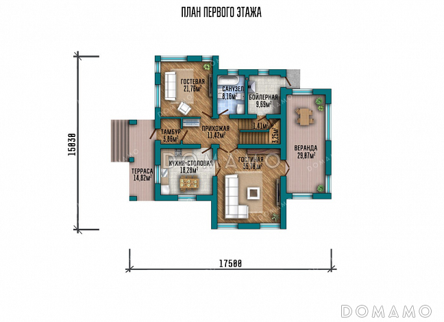 Проект двухэтажного дома с тремя спальнями и террасой / План 1 этажа