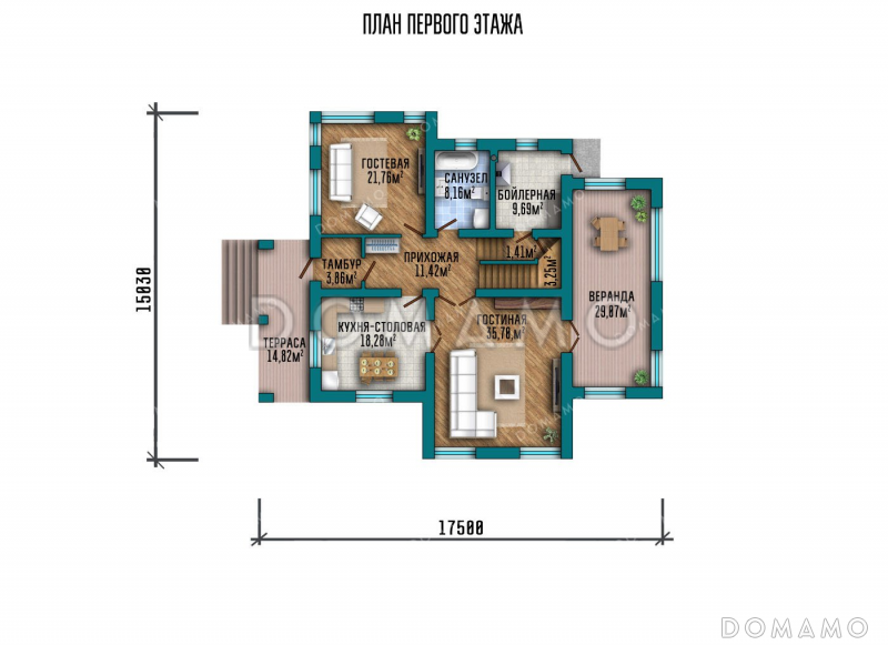 Проект двухэтажного дома с тремя спальнями и террасой / План 1 этажа