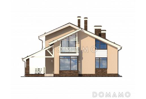 Проект дома с большой террасой, кухней с эркером, сауной, кладовой у лестницы / Фасад 2