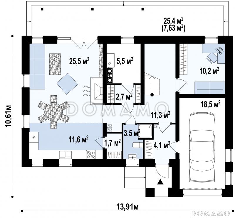 Проект современного мансардного дома из газобетона с пятью комнатами и гаражом / План 1 этажа