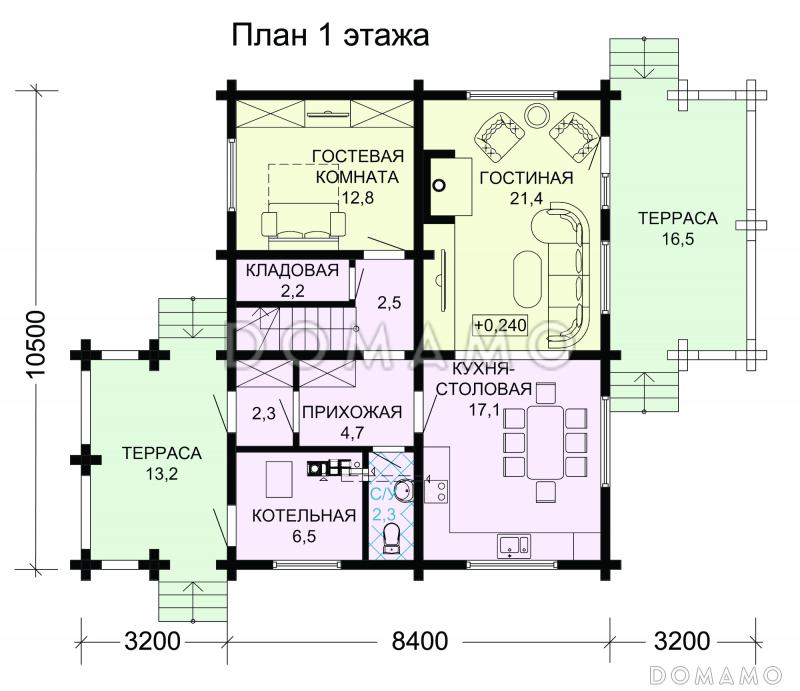 Проект современного дома из бруса в насыщенно-вишневом цвете с крытой террасой / План 1 этажа