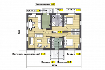 Проект дома с двумя спальнями, гостиной с кухней-столовой, техническим помещением, небольшим холлом и санузлом / План 1 этажа Проект дома с двумя спальнями, гостиной с кухней-столовой, техническим помещением, небольшим холлом и санузлом / План 1 этажа