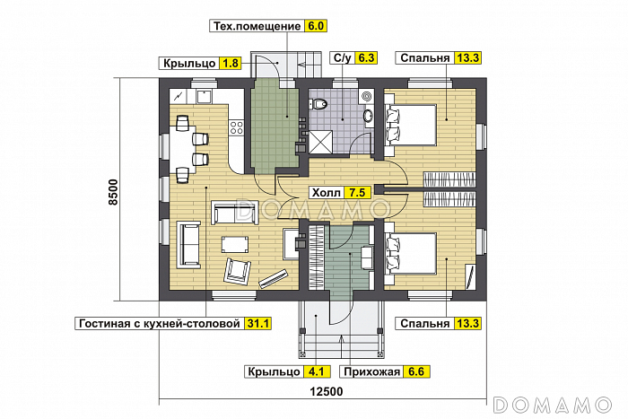 Проект дома с двумя спальнями, гостиной с кухней-столовой, техническим помещением, небольшим холлом и санузлом / План 1 этажа Проект дома с двумя спальнями, гостиной с кухней-столовой, техническим помещением, небольшим холлом и санузлом / План 1 этажа