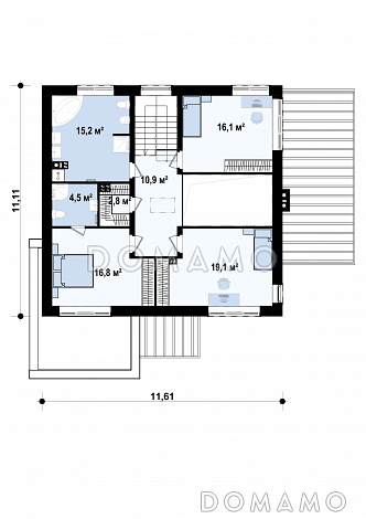 Проект просторного современного двухэтажного дома из кирпича, с четырьмя комнатами, гаражом и вторым светом над гостиной / План 2 этажа