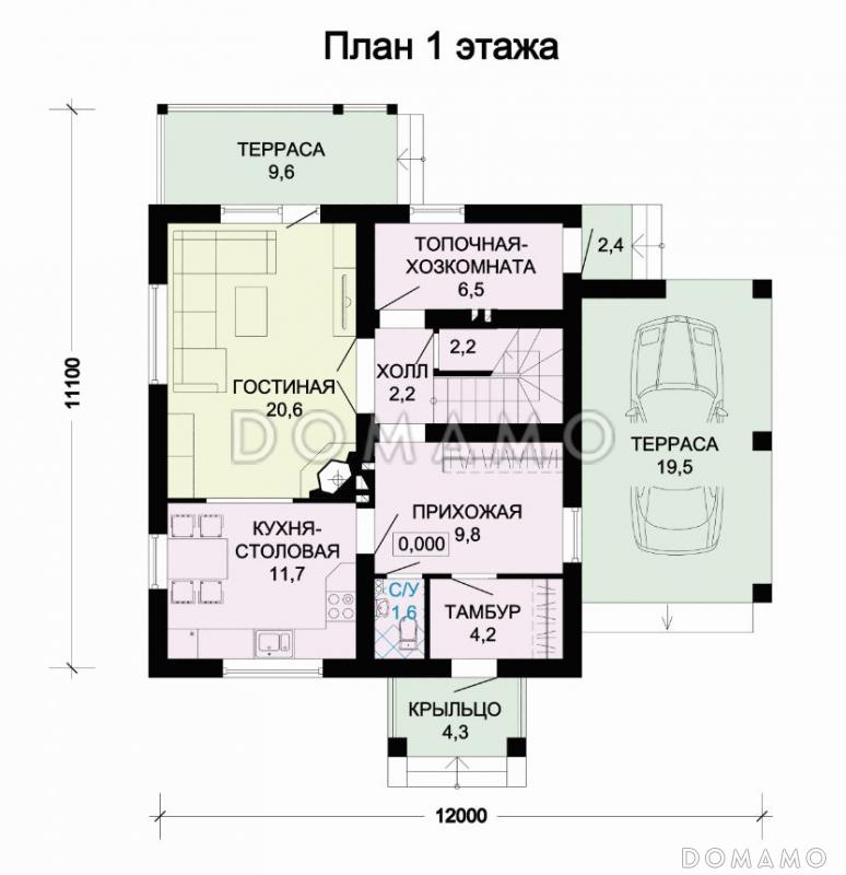 Проект дома из SIP панелей с навесом для автомобиля / План 1 этажа
