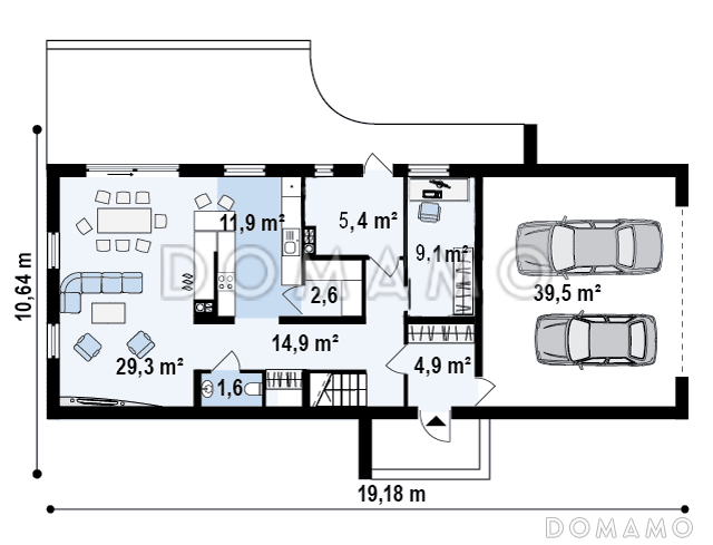 Проект двухэтажного дома из кирпича с двухскатной крышей с четырьмя комнатами, гаражом и открытой террасой над ним / План 1 этажа