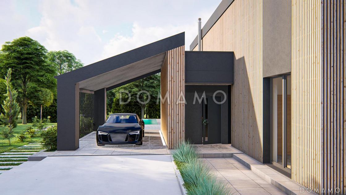 Проект одноэтажного загородного дома с косой крышей, навесом для машины, столовой, гостиной / 3
