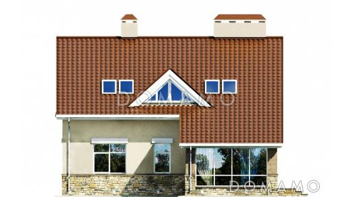 Проект загородного дома с темно-коричневой двускатной крышей и просторной гостиной с камином / Фасад 4