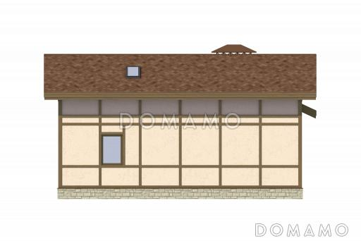 Проект дома с просторной крытой террасой с барбекю, гостиной с кухней-столовой, сауной и душевой, вторым светом и спальней на мансарде / Фасад 4