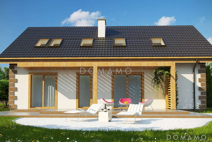 Проект одноэтажного мансардного дома из газобетона классической формы и планировки, с пятью комнатами